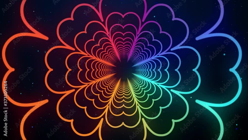 Poster glowing gradient neon light blooming flower lines tunnel with glitter sparkle dust seamless loop ani