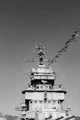 Black and white photograph of the top of the wheelhouse of an old russian naval ship. © Алекс Швачко