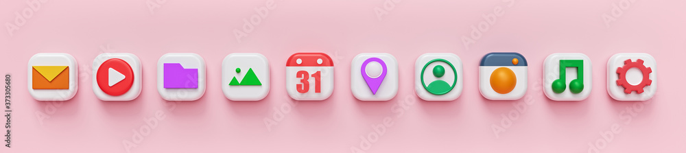 Poster minimal set of colorful social media apps icons on pastel pink background. horizontal banner. 3d ren
