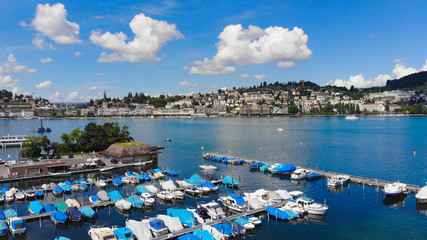 Marina in the City of Lucerne Switzerland Lake Lucerne - aerial view - travel photography