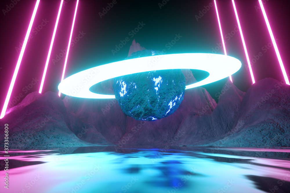 Aufkleber modern futuristic neon abstract background. planet and ring in the center. reflection of light on a 