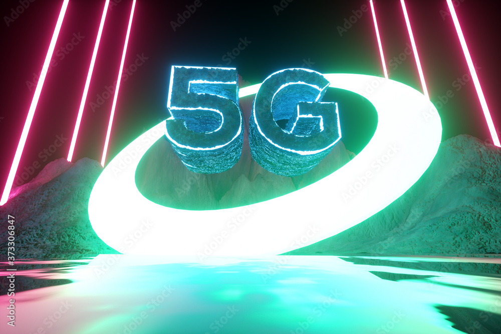 Poster 5g futuristic concept. modern neon abstract background. reflection of light on a wet surface. 3d ren