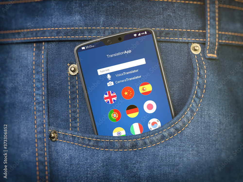 Poster Mobile phone with language translator or mobile dictionary application in jeans pocket. Learning languages online. concept.