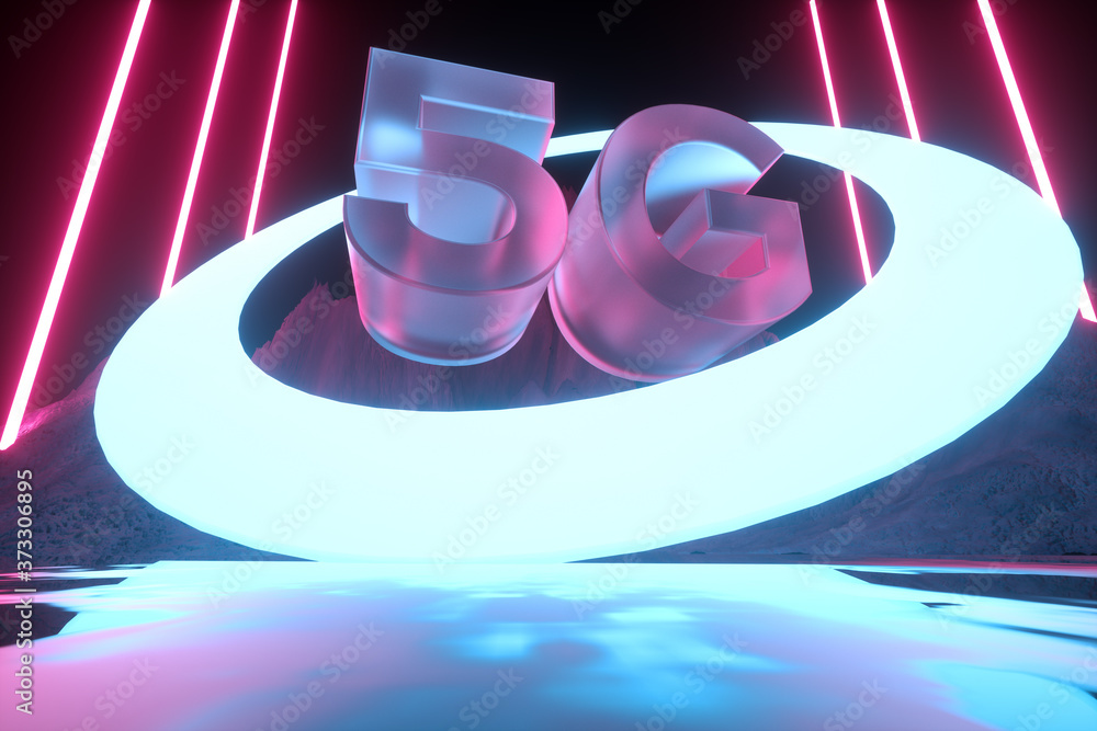 Poster 5g futuristic concept. modern neon abstract background. reflection of light on a wet surface. 3d ren