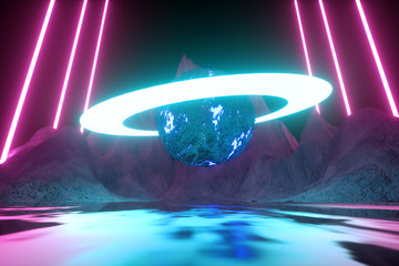 Modern futuristic neon abstract background. Planet and ring in the center. Reflection of light on a wet surface. 3d render