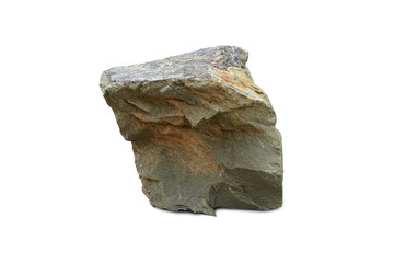 sample of gray shale stone on a white background. Shale is a fine-grained sedimentary rock.