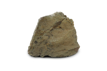 sample of gray shale stone on a white background. Shale is a fine-grained sedimentary rock.