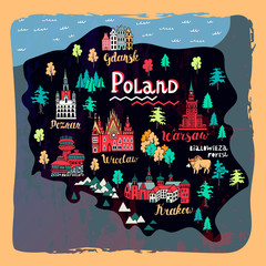 Illustrated map of Poland. Set of national symbols and elements of architecture and culture