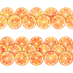 Watercolor slices of orange. Juicy citrus background. Seamless horizontal border. Isolated on white background. Watercolor stock illustration. Design for border, paper scotch tape, packing tape.