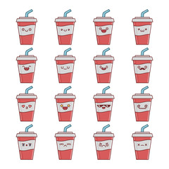 Set of fun kawaii cola soda drink icon cartoons