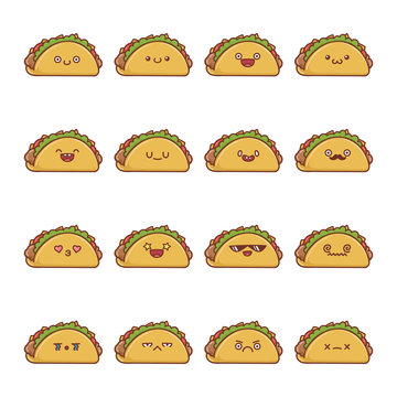 Set of fun kawaii taco icon cartoons