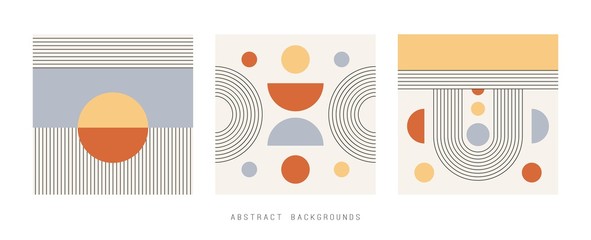 Satz von drei Vektor-abstrakten Hintergründen. Kreise, Linien, Kurven. Geometrisches Design, Strichzeichnungen. Minimalistisches Boho-elegantes Konzept. Quadratische Muster werden auf Weiß lokalisiert. Pastellfarben. Plakatvorlage © OliverShort