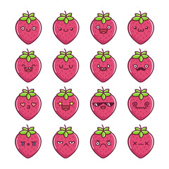 set of fun kawaii strawberry fruit icon cartoons