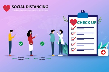 Social distancing and coronavirus prevention. People wear white mask and waiting in the line and standing near a big clipboard to check body temperature by health worker and keep distance 2M or more.