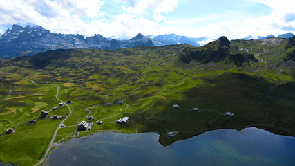 Amazing nature of the Swiss Alps - the Melchsee Frutt district in Switzerland from above - travel...