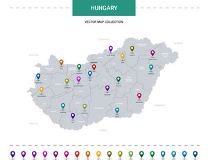 Hungary map with location pointer marks. Infographic vector template, isolated on white background.