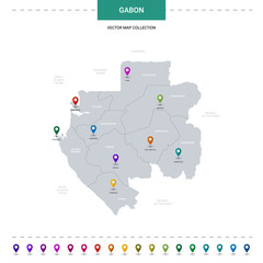 Gabon map with location pointer marks. Infographic vector template, isolated on white background.