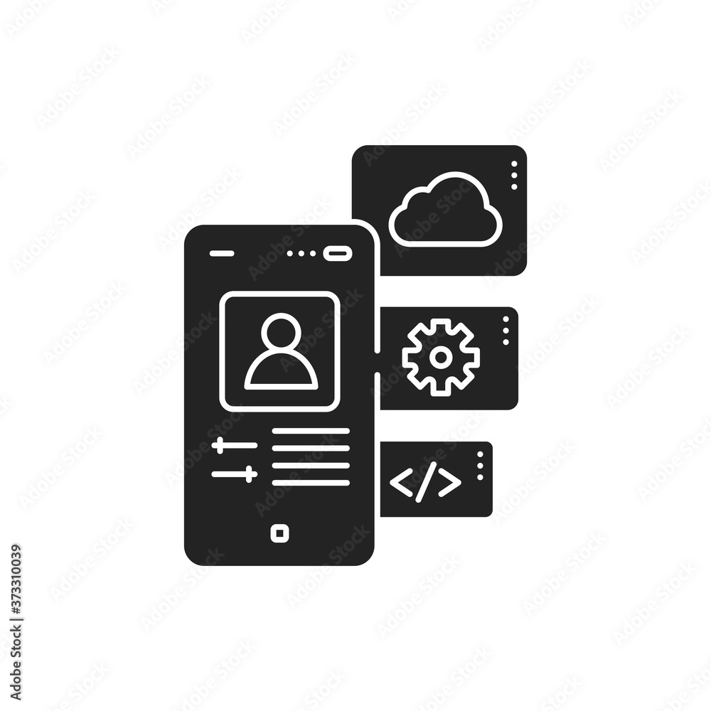 Poster application functions black glyph icon. actions which can be done due to the application. pictogram 