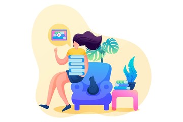 Girl at Home schooling during the pandemic, online training. Flat 2D character. Concept for web design