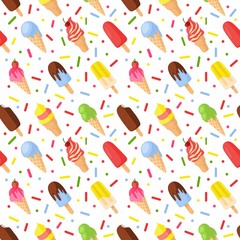 Bright seamless pattern with ice cream in a waffle Cup and on a stick for gift wrapping in vector.