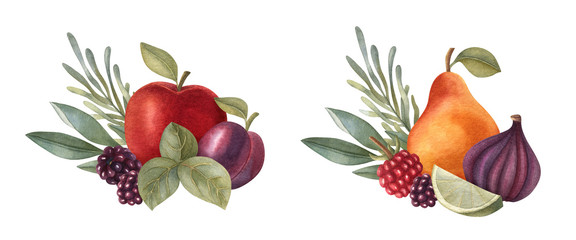 Watercolor fruit compositions with apple, lime, pear, plum, fig, and berries. Bright illustration of healthy fresh food. Vegan design elements. Ideal for greeting card, invitation, banner, poster.