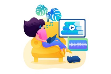 Self-study, a girl studies online, listens to a lecture on a tablet. Flat 2D character. Concept for web design