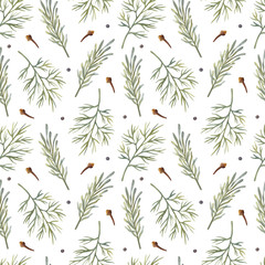 Watercolor seamless pattern with dill, rosemary, and carnation on the light background. Bright cartoon hand-painted illustration.