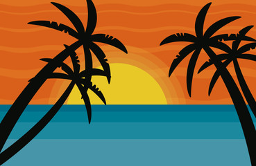 Sun and palms abstract landscape illustration.