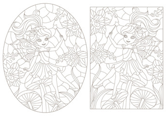 Fototapeta na wymiar Set of contour illustrations of stained glass with fairys on a background of flowers, dark contours on a white background