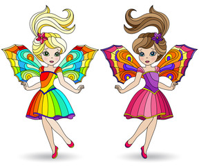 Set of illustrations in stained glass style with winged fairy girls in bright dresses, isolated on a white background