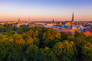 Beautiful aerial panorama of Riga center and Vansu bridge over D