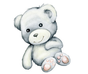 Cute white bear cub, lying down. Watercolor, animal in cartoon style on an isolated background.