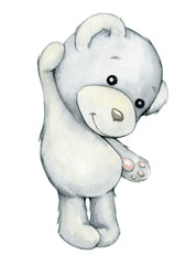 White bear, hanging. Watercolor, polar animal in cartoon style on an isolated background.