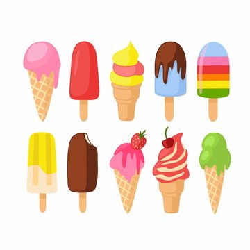 Vector image with ice cream in waffle cones and on a stick, isolated from the background.