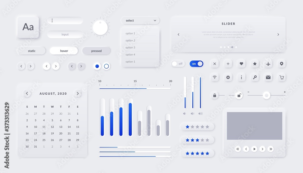 Poster Web UI kit. Mobile application and web page interface elements with buttons field sliders and calendar. Vector illustration responsive UX graphics design template for site navigate