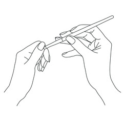 Linear illustration in black with female hands holding a brush on a white background