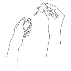 Linear illustration in black on a white background with a silhouette of women's hands holding a bottle of nail Polish