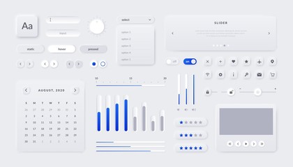 Web UI kit. Mobile application and web page interface elements with buttons field sliders and calendar. Vector illustration responsive UX graphics design template for site navigate