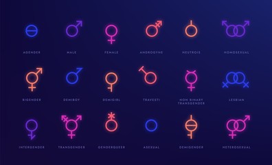 Gender neon icons. Glowing light symbols of sexual orientation, LGBT gay unisex asexual female male nonbinary transgender. Vector set glow signs