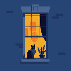 Night time concept illustration with lit up urban city apartment window and a silhouette of serious overlooking black cat sitting on windowsill next to a plant with abstract interior on background