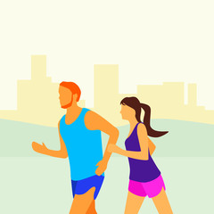 Young couple do sport run on the background of the city town. Healthy man and woman sportswear. Vector flat illustration. Design for print on shirt textile, banner, billboard. Jogging, exercises