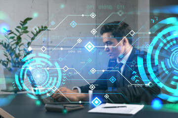 Businessman in office working laptop technology typing computer assemble data drawing concept. Double exposure.