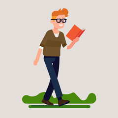 Cheerful man reading while walking flat design vector illustration. Smiling bookworm person concept illustration. Addictive book lover can't stop reading his favourite book