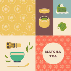 Tea party or tea ceremony layout with floral patterns, matcha green powder tea items, matcha based desserts