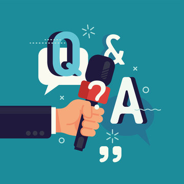 Q and A concept vector flat design with abstract hand holding microphone. Question and answers, poll or quiz visual