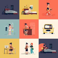 Everyday day life of a woman vector illustration bundle. Young adult woman in average daily routine situations like sleeping, reading, taking care of herself, having breakfast, working and commuting