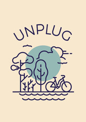 Unplug poster, banner or card vector template with simple park landscape trees, clouds, water and bicycle. Rest or downtime of mobile technology use concept illustration