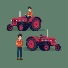 Cool farmer character with compact tractor. Male rural farm worker riding a agricultural machine and standing next to it. Cheerful rural heavy machinery driver flat design illustration