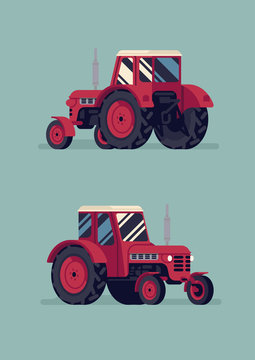 Agricultural machinery farm field small tractor with cabin, front and back view vector design element. Ideal for craft, organic farming graphic and web design