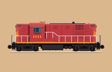 Flat design railway locomotive. Freight train diesel-electric engine. Hood unit switcher engine, isolated